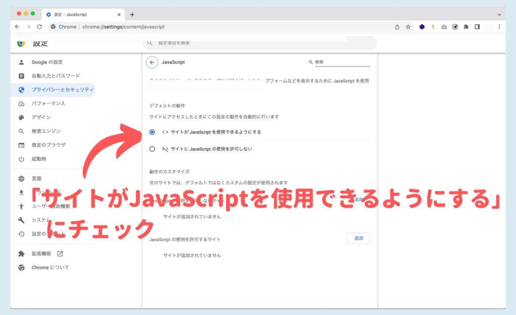 「サイトがJavaScriptを使用できるようにする」にチェック