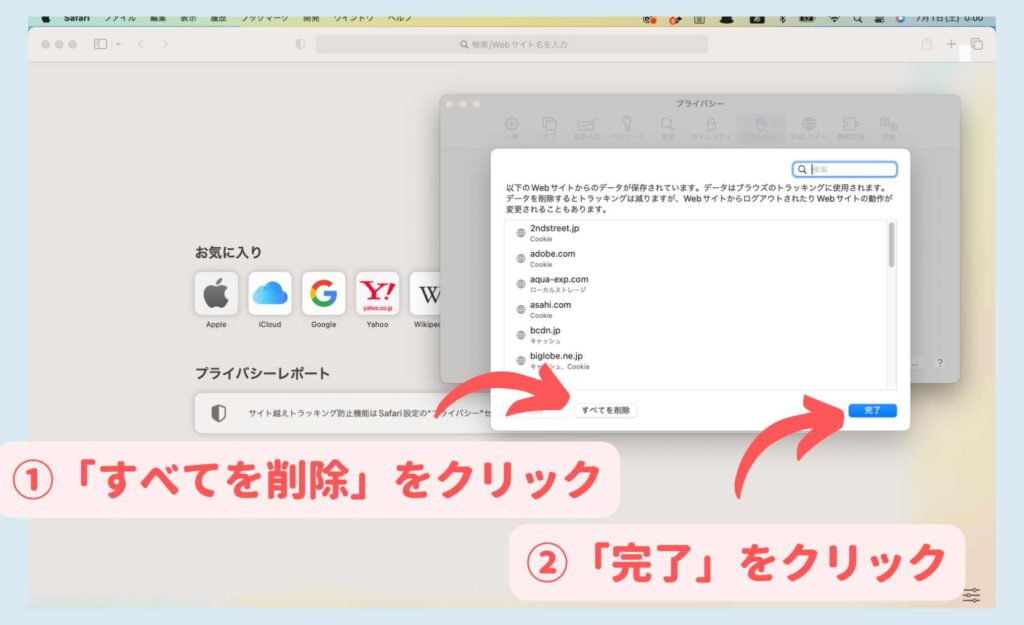 ①「すべてを削除」をクリック / ②「完了」をクリック